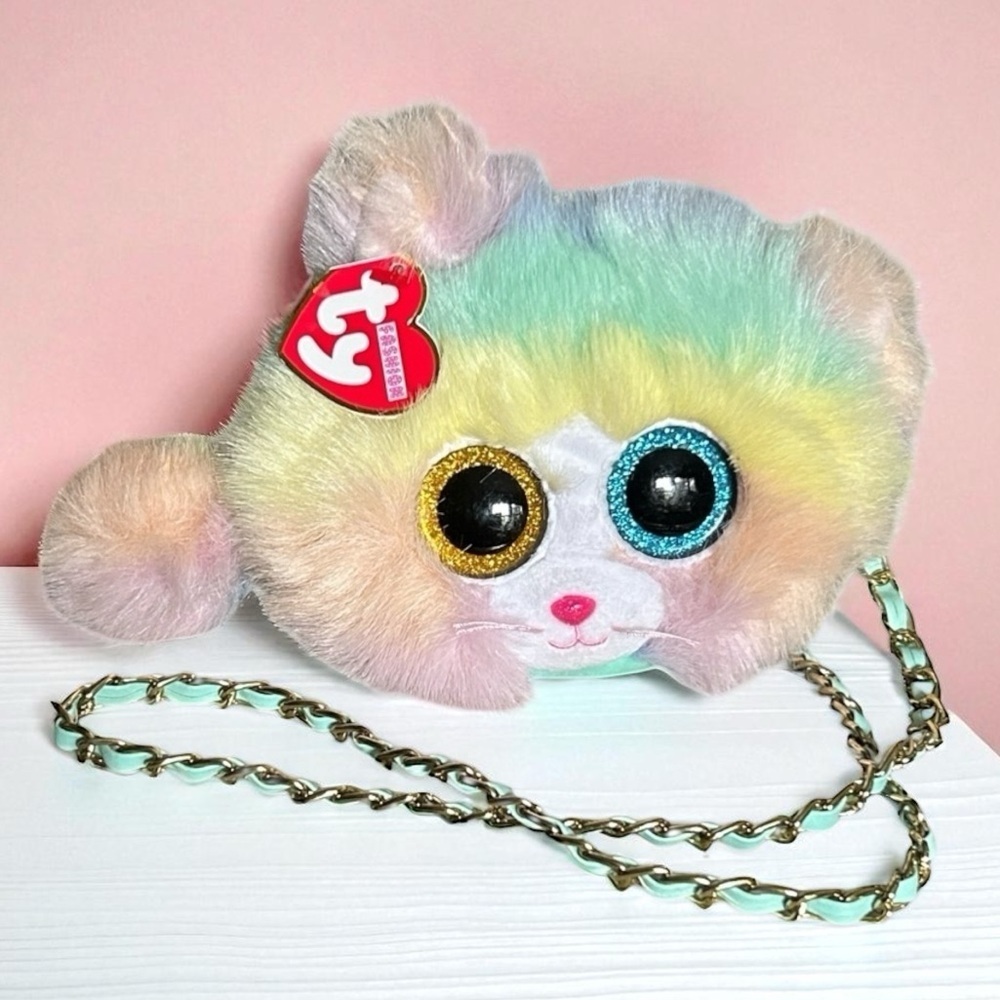 Ty Fashion Heather Cat Mini Purse in Rainbow Faux Fur with Chain Strap